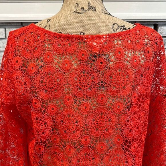 Adiva Womens Floral Crochet Open Knit 3/4 Bell Sleeve Top Red Orange Size Large - Picture 6 of 12